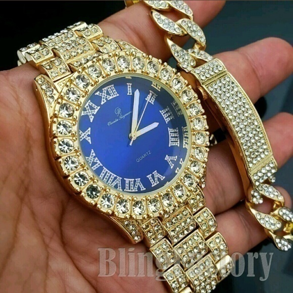 MEN'S ICED HIP HOP BLUE FACE WATCH & FULL ICED NEC - Picture 8 of 8